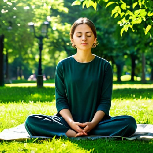 Home 11 A person in modest, comfortable attire, sitting peacefully in a lush green park. Sunlight gently filters through dense leaves, casting soft shadows. The person is in a natural, calm meditative pose, eyes gently closed, expressing serenity. Perfect anatomy, correct proportions, natural pose, well-formed hands, proper finger count, natural body proportions, professional photography, high quality, fully clothed, appropriate attire, modest clothing, professional dress, safe for work, appropriate content, family-friendly.