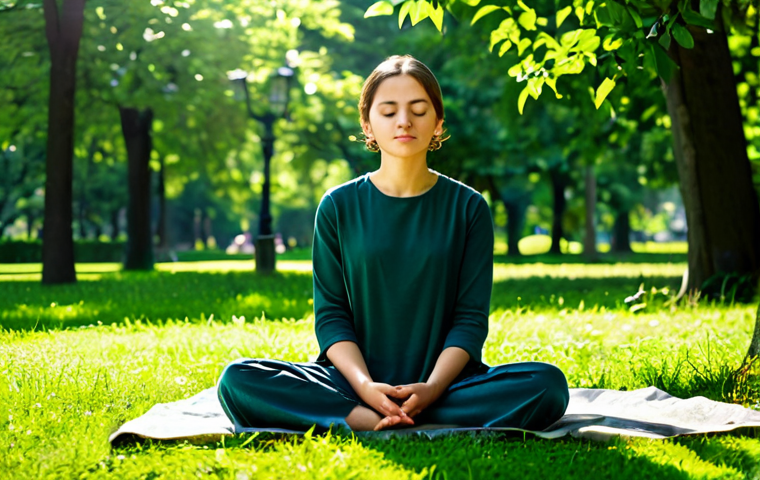 A person in modest, comfortable attire, sitting peacefully in a lush green park. Sunlight gently filters through dense leaves, casting soft shadows. The person is in a natural, calm meditative pose, eyes gently closed, expressing serenity. Perfect anatomy, correct proportions, natural pose, well-formed hands, proper finger count, natural body proportions, professional photography, high quality, fully clothed, appropriate attire, modest clothing, professional dress, safe for work, appropriate content, family-friendly.
