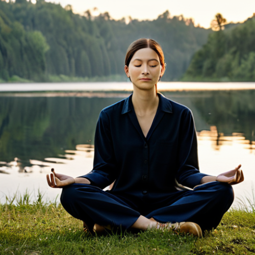 Home 6 A peaceful person, gender-neutral, fully clothed in modest, comfortable, professional attire, sitting in a natural, serene pose outdoors. They are meditating calmly by a tranquil lake at dawn, with soft, golden light illuminating the scene. The air is fresh, and distant, gentle sounds of nature are implied. The focus is on their calm expression and the harmony with the environment. Perfect anatomy, correct proportions, natural pose, well-formed hands, proper finger count, natural body proportions. Safe for work, appropriate content, fully clothed, professional, family-friendly, high-quality, professional photography.