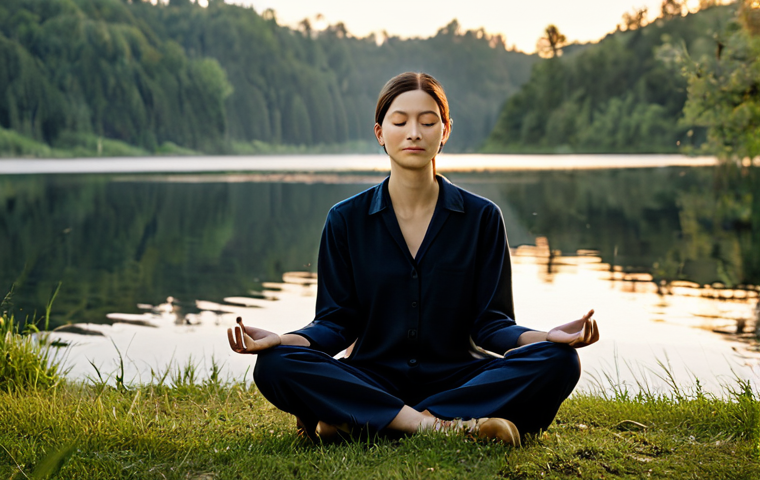 A peaceful person, gender-neutral, fully clothed in modest, comfortable, professional attire, sitting in a natural, serene pose outdoors. They are meditating calmly by a tranquil lake at dawn, with soft, golden light illuminating the scene. The air is fresh, and distant, gentle sounds of nature are implied. The focus is on their calm expression and the harmony with the environment. Perfect anatomy, correct proportions, natural pose, well-formed hands, proper finger count, natural body proportions. Safe for work, appropriate content, fully clothed, professional, family-friendly, high-quality, professional photography.