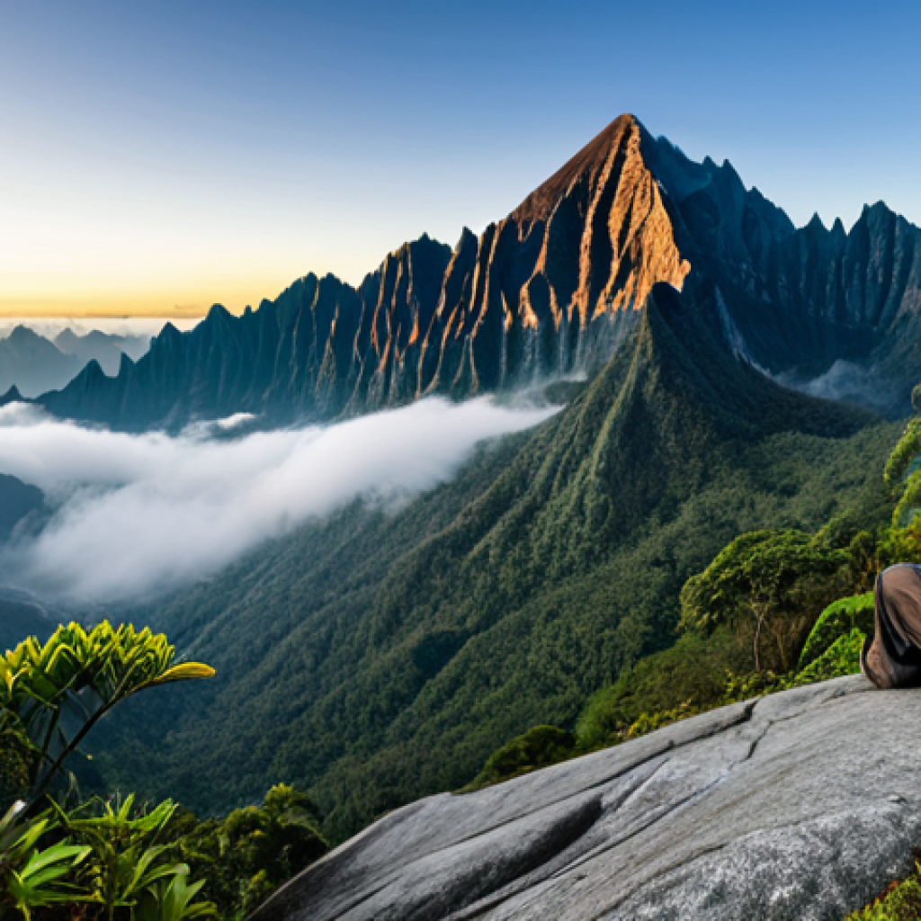 **
"A panoramic view of Mount Kinabalu at sunrise, Malaysia. Mist hangs in the valleys below the granite peak. Lush green foliage is visible on the lower slopes. A fully clothed hiker sits peacefully on a rock, enjoying the view. Appropriate attire, safe for work, perfect anatomy, natural proportions, professional landscape photography, high quality, family-friendly."
**