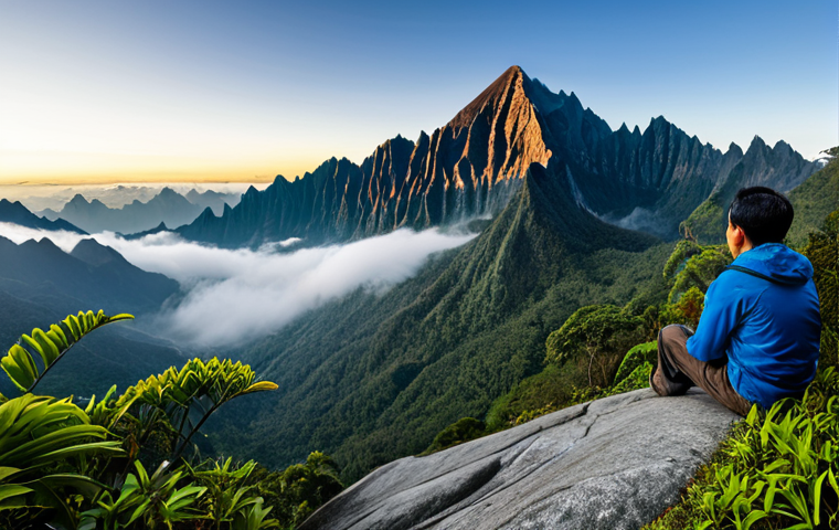**
"A panoramic view of Mount Kinabalu at sunrise, Malaysia. Mist hangs in the valleys below the granite peak. Lush green foliage is visible on the lower slopes. A fully clothed hiker sits peacefully on a rock, enjoying the view. Appropriate attire, safe for work, perfect anatomy, natural proportions, professional landscape photography, high quality, family-friendly."
**