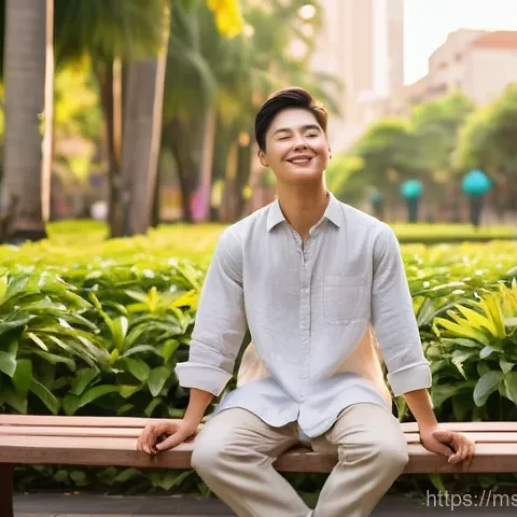 도시 근교에서 즐길 수 있는 자연 명상 - **Urban Nature Oasis Meditation:**
A serene young adult (gender-neutral, Southeast Asian feature...