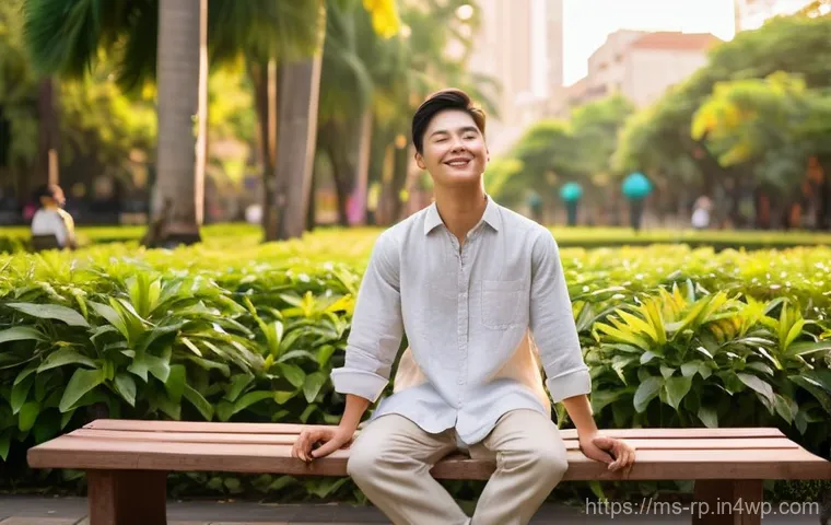 도시 근교에서 즐길 수 있는 자연 명상 - **Urban Nature Oasis Meditation:**
A serene young adult (gender-neutral, Southeast Asian feature...