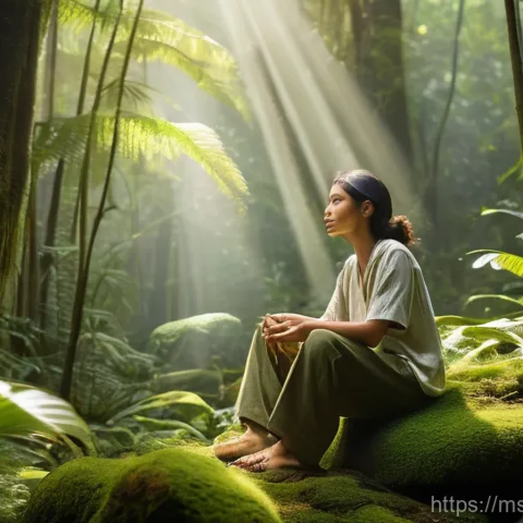 자연 명상과 자아 발견의 여정 - A serene and deeply contemplative person, gender-neutral, in their late 20s, wearing modest, loose-f...