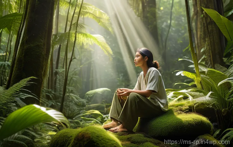 자연 명상과 자아 발견의 여정 - A serene and deeply contemplative person, gender-neutral, in their late 20s, wearing modest, loose-f...