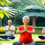 Home 21 자연 명상과 공동체 경험의 힘 - A serene early morning scene in a lush Malaysian botanical garden featuring a diverse group of adult...