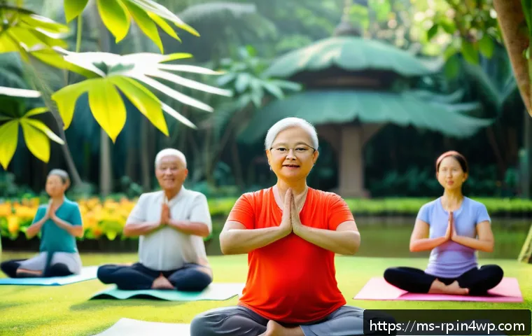 자연 명상과 공동체 경험의 힘 - A serene early morning scene in a lush Malaysian botanical garden featuring a diverse group of adult...