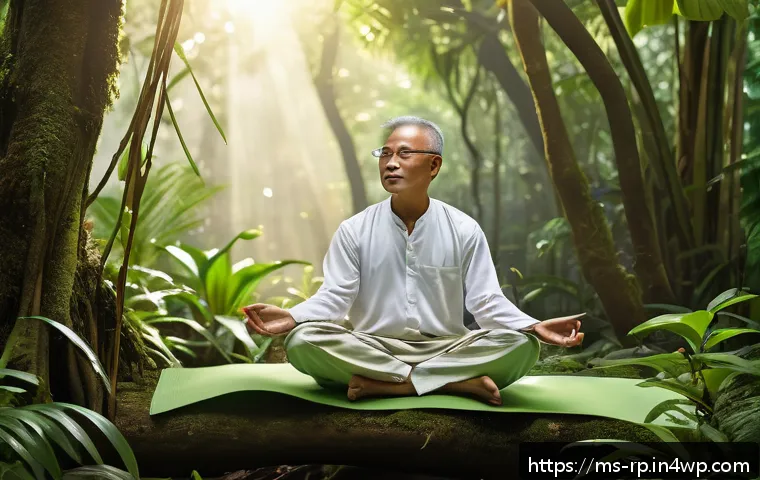 자연 명상 중 느낄 수 있는 감정들 - A serene outdoor meditation scene set in a lush Malaysian rainforest during early morning light, fea...
