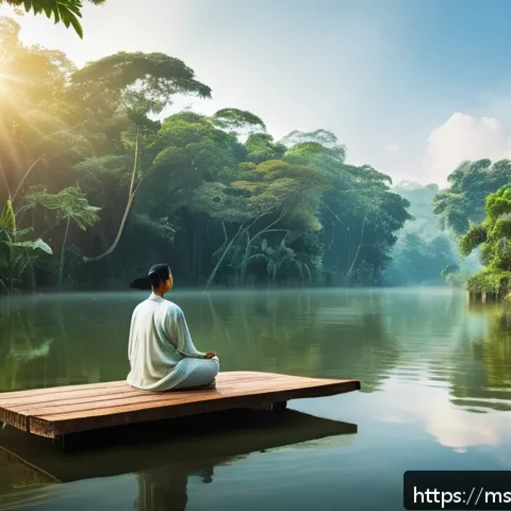 명상 중 자연의 소리 기록하기 - A serene Malaysian rainforest scene at dawn, featuring lush tropical trees with vibrant green foliag...