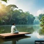 Home 19 명상 중 자연의 소리 기록하기 - A serene Malaysian rainforest scene at dawn, featuring lush tropical trees with vibrant green foliag...