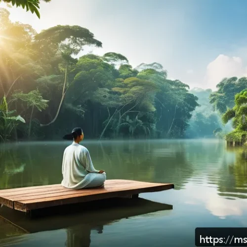 Home 31 명상 중 자연의 소리 기록하기 - A serene Malaysian rainforest scene at dawn, featuring lush tropical trees with vibrant green foliag...