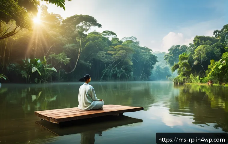 명상 중 자연의 소리 기록하기 - A serene Malaysian rainforest scene at dawn, featuring lush tropical trees with vibrant green foliag...