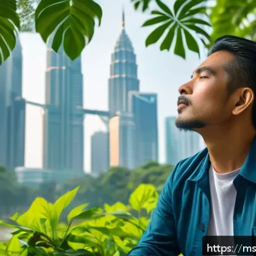 Home 30 자연 명상과 정체성 회복의 연결 - A serene urban park scene in Malaysia during early morning light, featuring a Malay man in casual cl...