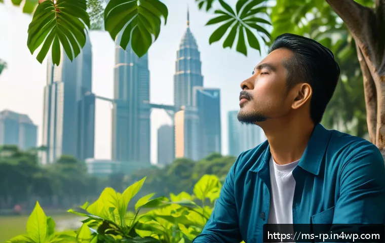 자연 명상과 정체성 회복의 연결 - A serene urban park scene in Malaysia during early morning light, featuring a Malay man in casual cl...