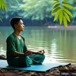 Home 23 자연 명상의 심리적 효과 - A serene Malaysian forest scene at dawn, featuring a young adult meditating peacefully on a lightwei...