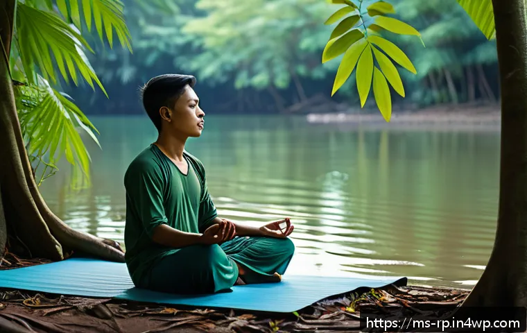 자연 명상의 심리적 효과 - A serene Malaysian forest scene at dawn, featuring a young adult meditating peacefully on a lightwei...